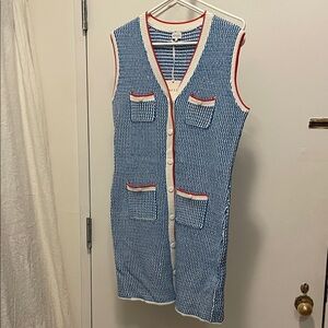 KULE Blue and White Knit Mini Dress with Red Trim